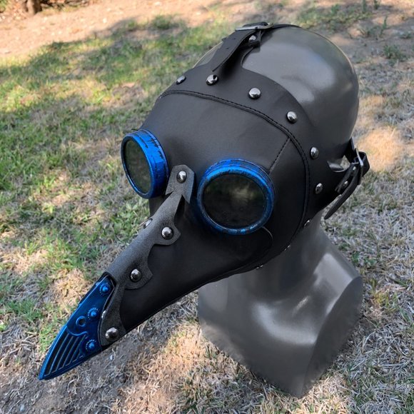 Grey Leather Plague Doctor with BLUE Goggles Masquerade Venetian Party Mask - Picture 3 of 3
